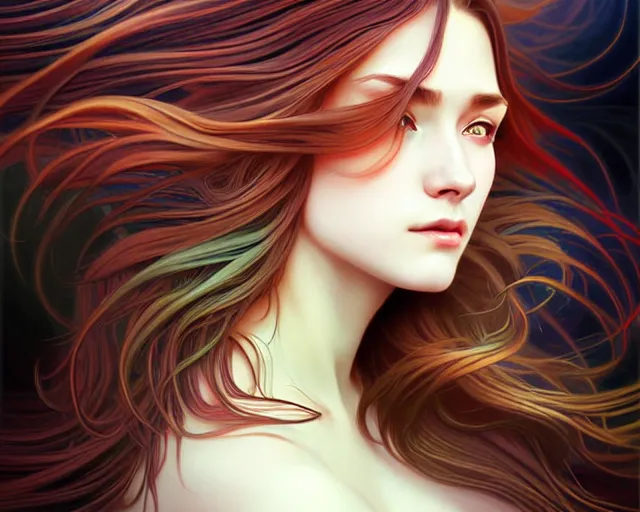 Image similar to overlord, psychedelic flowing hair, close eyes, portrait, highly detailed, deep focus, elegant, digital painting, smooth, sharp focus, illustration, ultra realistic, 8 k, art by artgerm and alphonse mucha