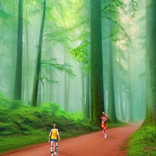 Prompt: a guy in acid-green athletic sneakers runs through a forest with tall trees, art by Andreas Rocha,