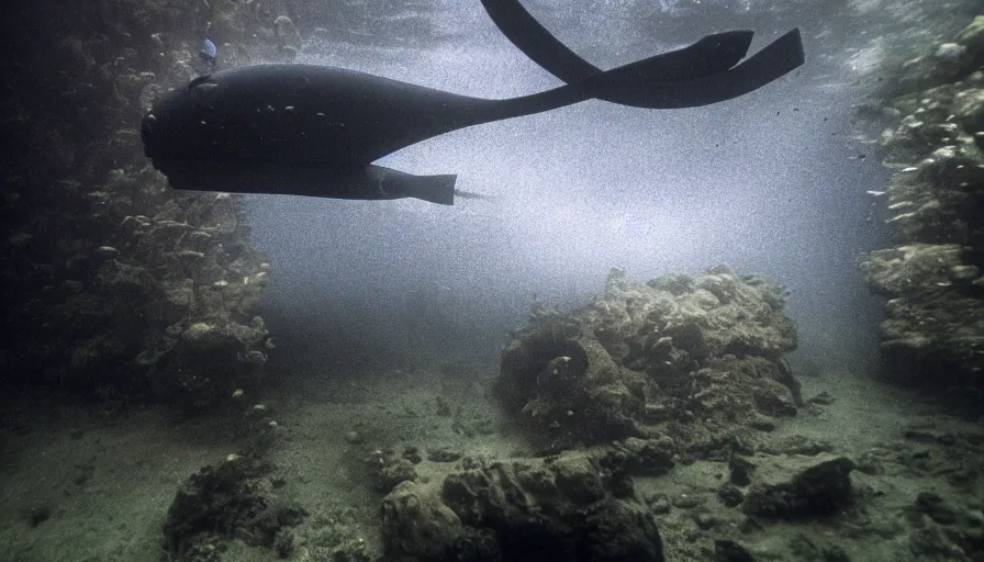 Image similar to Big budget horror movie, underwater exterior wide shot, a submarine approaches an underwater biolab