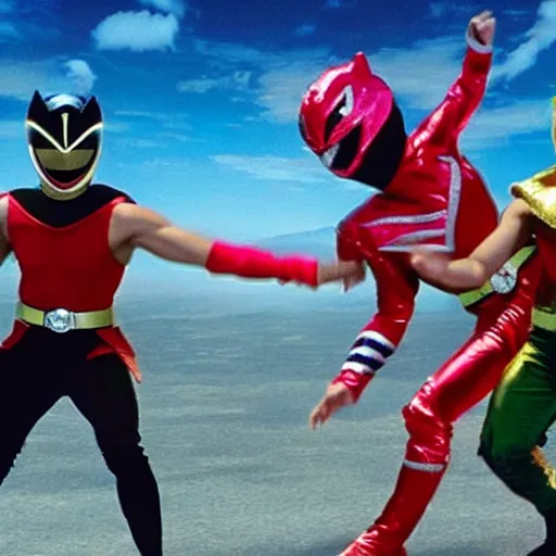 Prompt: The Power Rangers Megaforce having a break dance battle with Godzilla on top of the universe