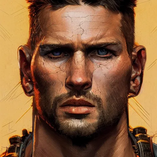 Prompt: brutalist Portrait of max Rockatansky, intricate, wild, highly detailed, digital painting, artstation, concept art, smooth, sharp focus, illustration, art by artgerm and greg rutkowski and alphonse mucha and Hajime Sorayama