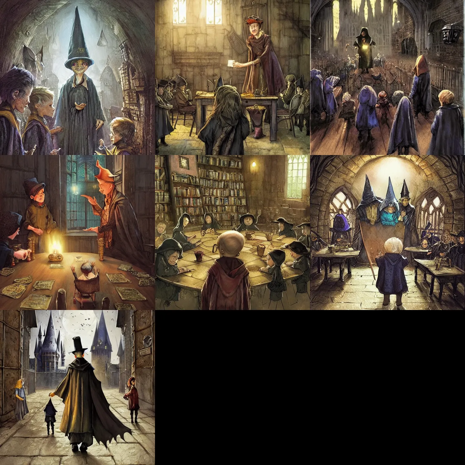 Prompt: Granny Weatherwax is teaching magic to a class of kids in Hogwarts, fantasy concept art by Jim Kay, Paul Kidby and Greg Rutkowski