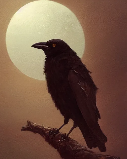 Prompt: Hyper realistic oil painting of a crow perched on a branch and looking at a bloof red moon, hyper detailed, gloomy, moody cinematic lighting, by greg rutkowski, trending on artstation