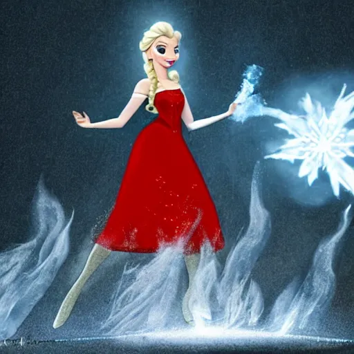 Prompt: elsa in a red dress with fire powers