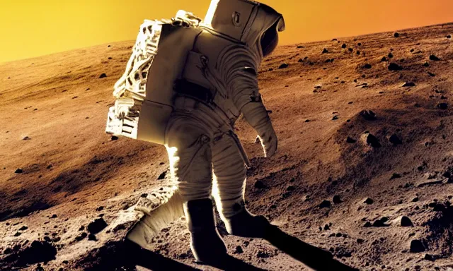 Image similar to astronauts standing on a hill on the moon dramatic harsh lighting lander in the far distance Doug Chiang Marc Gabbana earth in the far distance Anamorphic Cinematic Volumetric Lighting Epic Composition