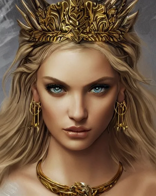 Image similar to tattoo design sketch of cute beautiful blonde super model as aphrodite greek goddess wearing a gold laurel wreath and triangle earrings, beautiful piercing gaze with sharp pupils, in the style of greg rutkowski, fantasy, amazing detail, epic, elegant, smooth, sharp focus, front view