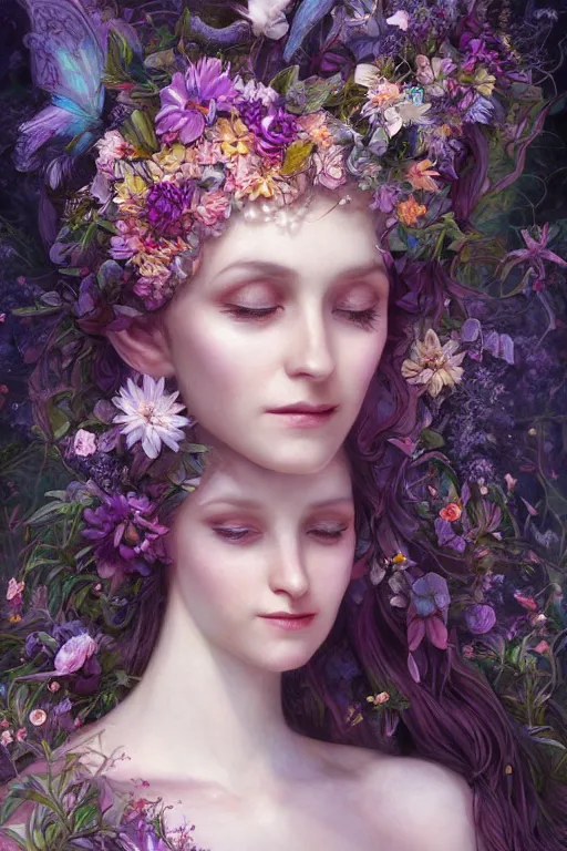 Image similar to a portrait of a beautiful elvish goddess with flowers in her hairs , fairy-like , 8k, highly detailed, sharp focus, ethereal clothes, astral environment, in style of Anna Dittmann and Mark Arial and Artgerm and Gerald Brom