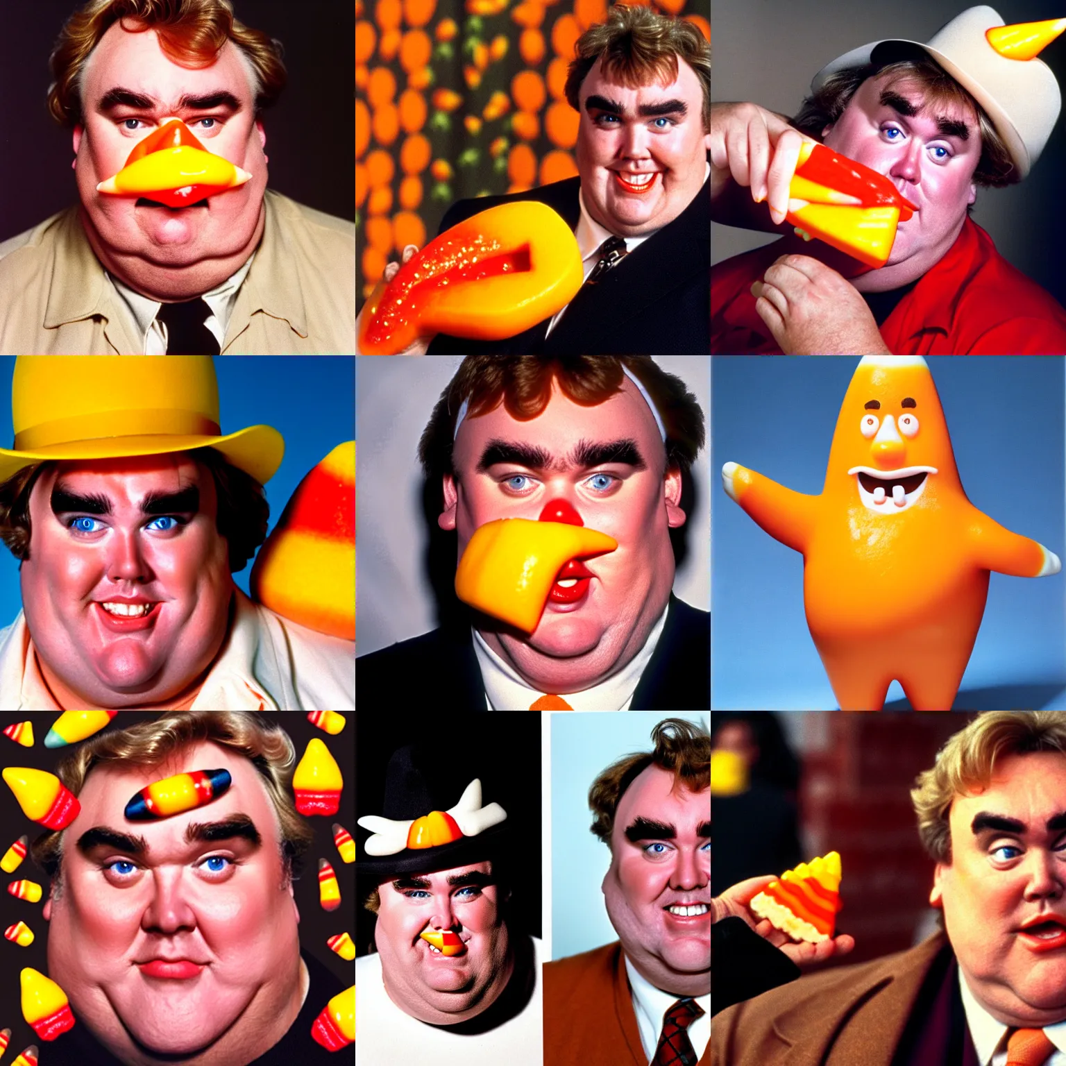 Prompt: john candy, face is candy corn, skin is made of candy corn