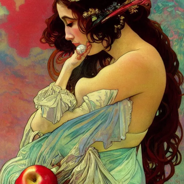 Image similar to an aesthetic! detailed close - up portrait of an aesthetic woman, dressed in silk, crying while holding an apple, by frank frazetta and alphonse mucha, oil on canvas, bright colors, art nouveau, epic composition, dungeons and dragons fantasy art, hd, god - rays, ray - tracing, crisp contour - lines, huhd - 8 k