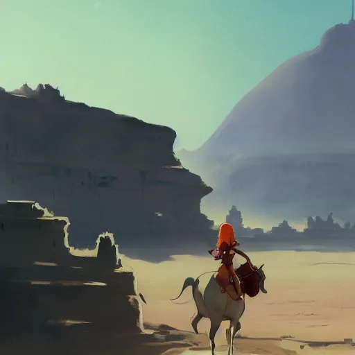 Prompt: cute, desert morning, prison far away, gouache matte painting by pixar studio frazetta makoto shinkai