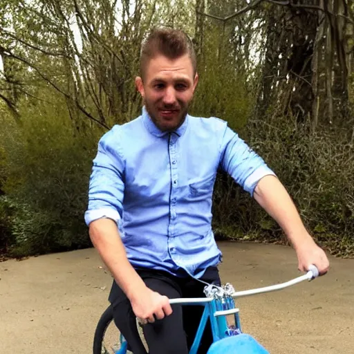 Prompt: matthias dandois wearing a flat bible shirt and riding a tiny bicycle portrait detailed