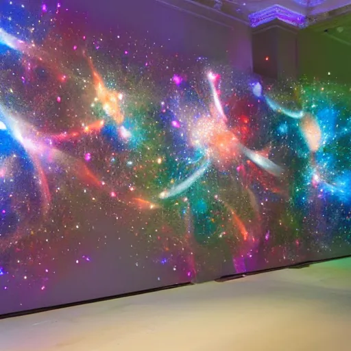 Image similar to an art exhibit featuring spray painted galaxies and sculptures of stars and light projection mapping