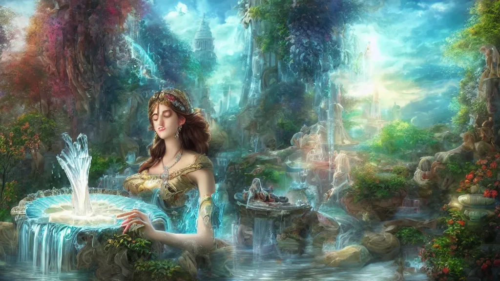 Image similar to Beautiful Godess of beauty with a fountain ” Beautiful Dreamscape, Digital art, concept art, detailed, lovely colors, Art station,3-D 4K, beautiful background, matte painting, ,