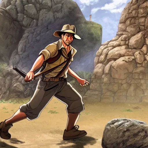 Image similar to Indiana Jones being chased by a boulder trap underground, boulder chase, inside ancient stone temple background, Indiana Jones running away from big round stone, raiders of the lost ark, detailed background, anime key visual