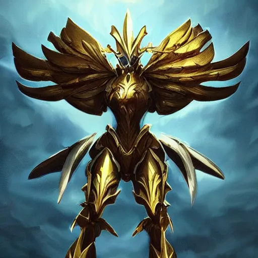 Image similar to cinematic, hyperdetailed league of legends azir armor metroid ravenbeak fanart gold armored bird wings regal gold sunray shaped crown, warframe, destiny, octane