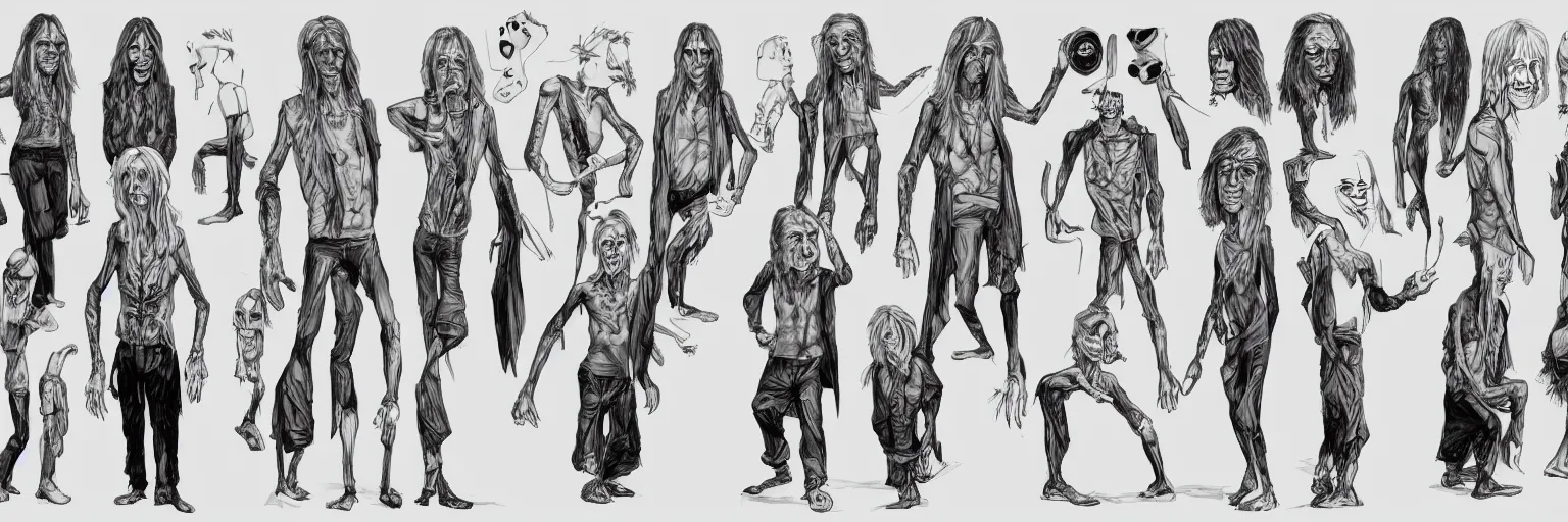 Prompt: character study of daevid allen and iggy pop, clear faces, wild, crazy, character sheet, fine details, concept design, contrast, kim jung gi, pixar and da vinci, trending on artstation, 8 k, full body and head, turnaround, front view, back view, ultra wide angle