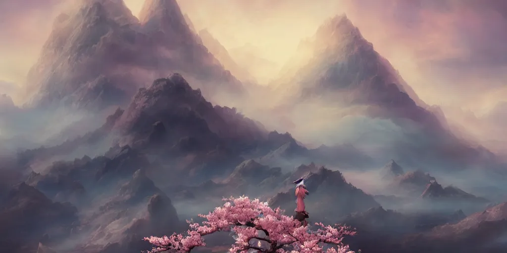 Prompt: a beautiful landscape of peach blossoms on the clouds, brilliant peaks, dense fog, early morning, by by yoneyama mai, trending on artstation, clouds, by wayne barlowe, peter mohrbacher, kelly mckernan, epic scene, 4 k, dark fantasy, environment, unreal engine 5, detailed