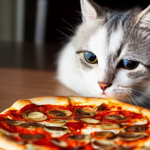 Image similar to close up of a cute cat eating pizza, off camera flash, fine hair detail, fine cat whiskers, sigma 24mm f/8