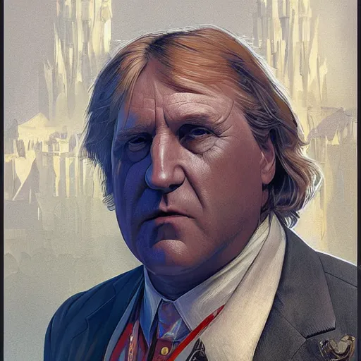 Image similar to [robot Depardieu as president of France! as GTA character, mystic hermit, closeup, D&D, intricate, elegant, highly detailed, digital painting, artstation, concept art, matte, sharp focus, illustration, art by Artgerm and Greg Rutkowski and Alphonse Mucha]