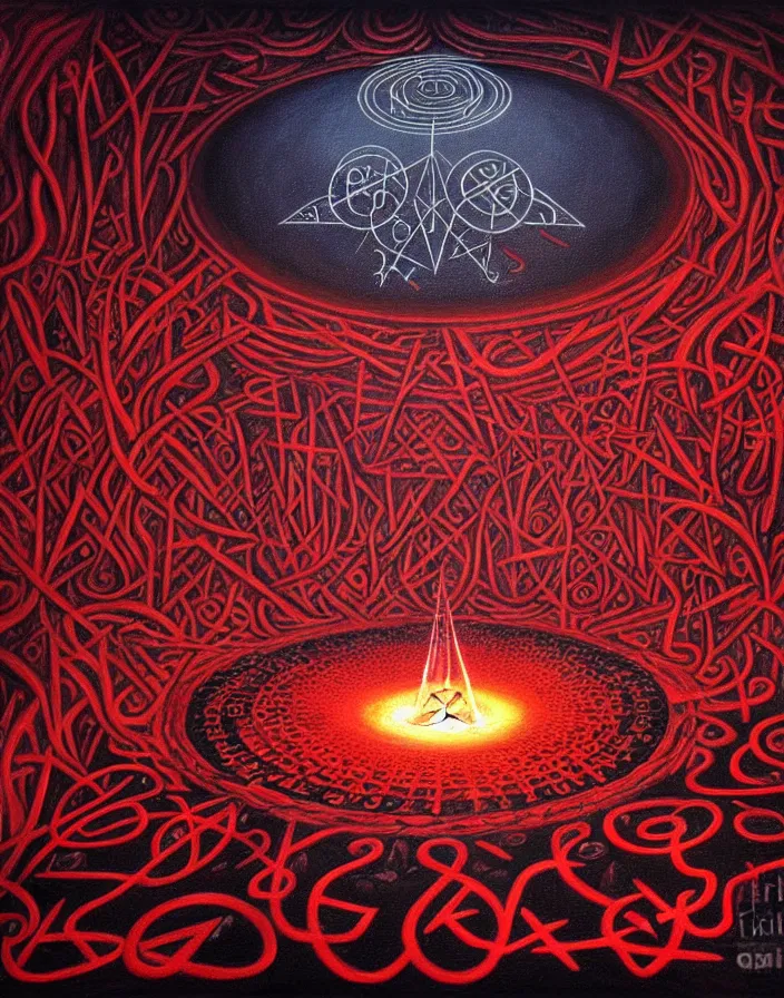 Image similar to beautiful painting of a summoning circle spell with runes in a dark cave, tarot, complex environment, by johfra bosschart, fractals, red liquid glowing metal veins, details