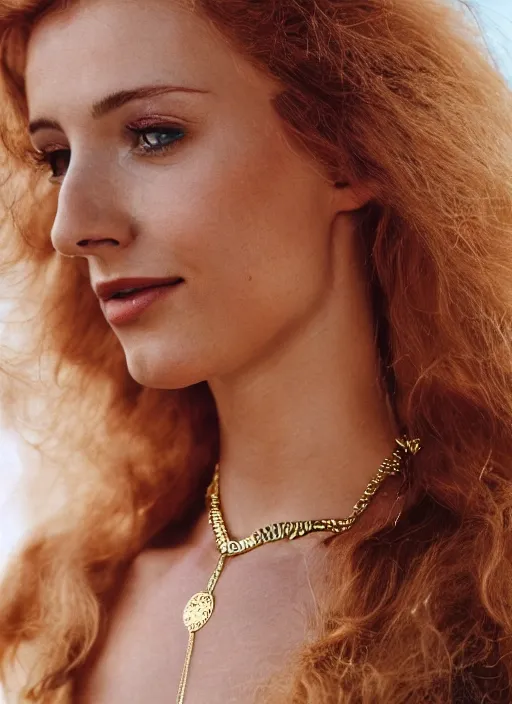 Prompt: vintage photograph of an olive skinned female model with strawberryblonde hair in her twenties, her hair pinned up, wearing a designer top and one thin gold necklace, looking content, focused on her neck, photo realistic, extreme detail skin, natural beauty, no filter, slr, golden hour, 4 k, high definition, selfie