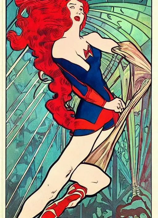 Image similar to a woman with red hair. she is a superhero, wearing a superhero costume. well composed, clean elegant painting, beautiful detailed face. retro comic book art by steve ditko and jack kirby and ( alphonse mucha )