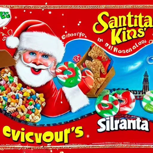 Prompt: grotesque cover illustration on a box of evil Santa kids' sugar cereal