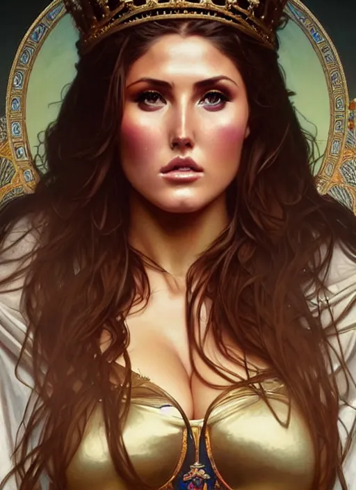 Image similar to lucy pinder as queen, incredibly detailed face, pretty face, light dress, true anatomy, art by artgerm and greg rutkowski and alphonse mucha