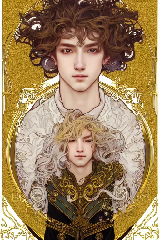 Prompt: fullbody portrait of a young hero with curly blond hairs, soft smile, baroque cloth, luminous scene, final fantasy and legue of legends champion, by chengwei pan and alpfons mucha, gradient white to gold, in front of an iridescent magical building background, highly detailed portrait, digital painting, smooth, focus illustration