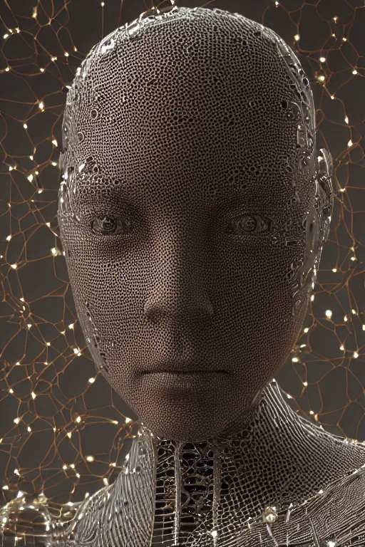 Image similar to Cinestill of a melancholic realistic 8k Sculpture of a complex robotic human face, liquid simulation, dramatic lighting, silver gold red details, hexagonal mesh wire, filigree intricate details, cinematic, fleshy musculature, white blossoms, elegant, octane render, 8k post-processing, by Yoshitaka Amano, Daytoner, Greg Tocchini