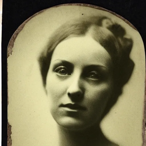 Prompt: antique photograph of a beautiful woman, cracked and faded photo paper, staring at the camera, headshot, dark background, 1 8 5 0, low light, dark, monsters in the backgroud 4 k