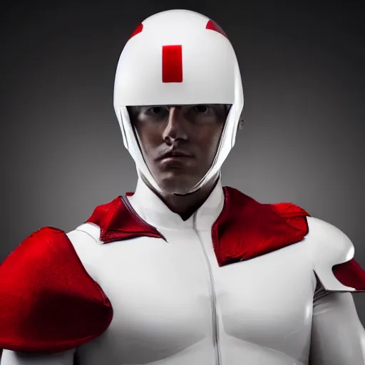 Image similar to headshot of a tall athletic muscular infantry man in glossy sleek white armor with tiny red details and a long red cape, heroic posture, strong jawline, on the surface of mars, night time, dramatic lighting, cinematic, sci-fi, hyperrealistic