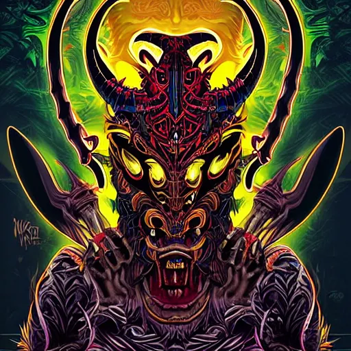 Image similar to barong family member, wiwek, mara demon, one single tribe member, jungle, one single mask, dark, ancient warrior, snake, lizard, alien, predator, dragon, devil, satan, diablo, tribal, exorcist, priest, angel, god, inner glow, art by dan mumford and justin gerard