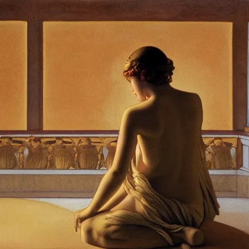 Prompt: a girl in a temple, film still by wes anderson, depicted by canova, limited color palette, very intricate, art nouveau, highly detailed, lights by hopper, soft pastel colors, minimalist
