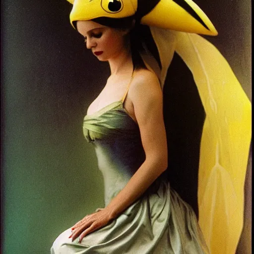 Image similar to elegant woman dressed up as pikachu, art photo by Annie Liebovitz and Alphonse Mucha