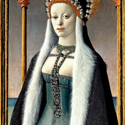 Image similar to portrait of a white with white fur as an italian queen, painting by botticelli, 1 4 8 0 s