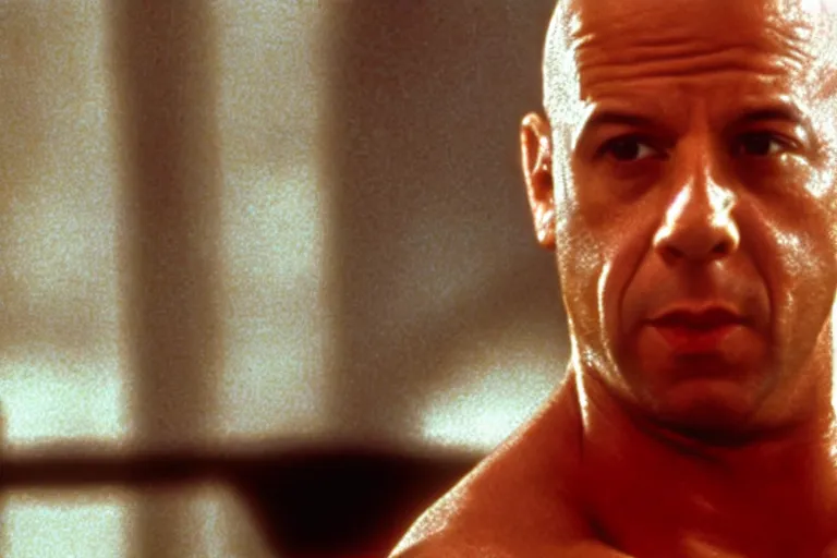 Image similar to film still of Vin Diesel as John McClane in Die Hard 1988