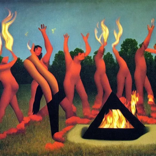 Image similar to insane dances around the campfire, oil painting rene magritte