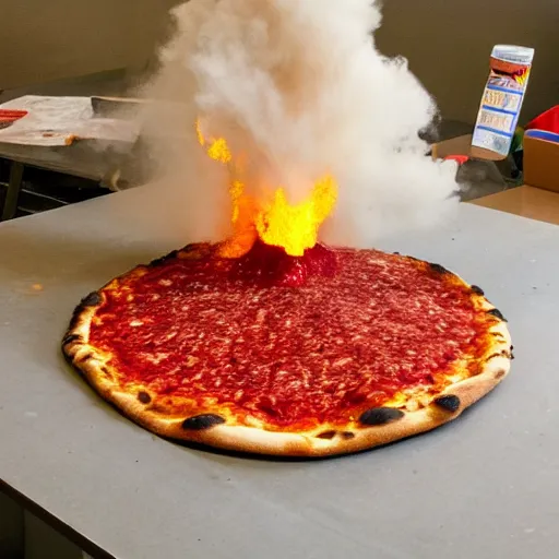 Image similar to a volcano erupting on a giant pizza