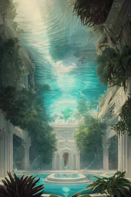 Image similar to detailed interior of a vaporwave pool, white marble walls, palm vegetation, light shafts, stunning atmosphere, in style of peter mohrbacher, cinematic lighting, high detail, cinematic feel