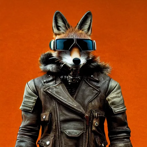 Prompt: portrait of an anthro fox who ended its last thief, wastelands, mad max style, lots of details, leather, jackets, helmet, sunglasses, weaponry, militarised, studio lighting