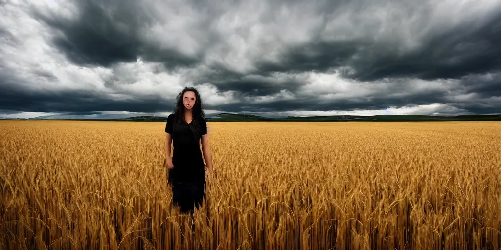 Image similar to girl is standing in a wheat field with heavy black clouds and a thunder in the background, photo by Ted Gore,