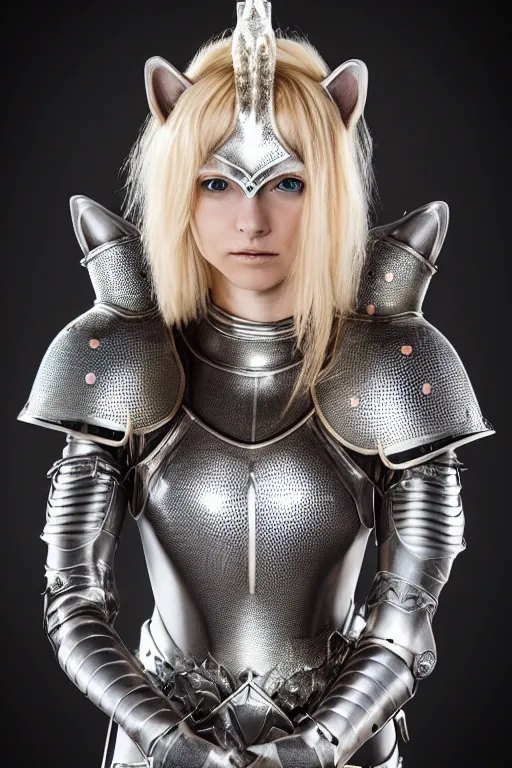 Image similar to female knight wearing a real cat on her head, armor designed by wayne barlowe, swarovski and tiffany, blonde hair, symmetry, sci - fi, cinematic, elegant, luxury, perfect light, perfect composition, dlsr photography, sharp focus, dark fantasy, 4 k, ultra hd, sense of awe, highly detailed, realistic, intricate