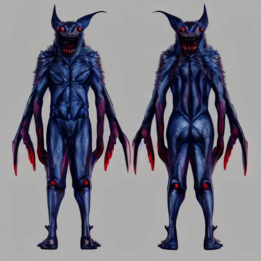 Prompt: front and back character view of scary, giant, mutant, mutated, dark blue humanoid bat, glowing red eyes, flying above a stormy ocean, sharp teeth, acid leaking from mouth, realistic, giant, bat ears, bat nose, bat claws, bat wings, furred, covered in soft fur, detailed, trending on artstation clean concept art and sheet that using unreal engine 5 render and hyper detailed 3D texture with cinematic software light 85mm f/1.4