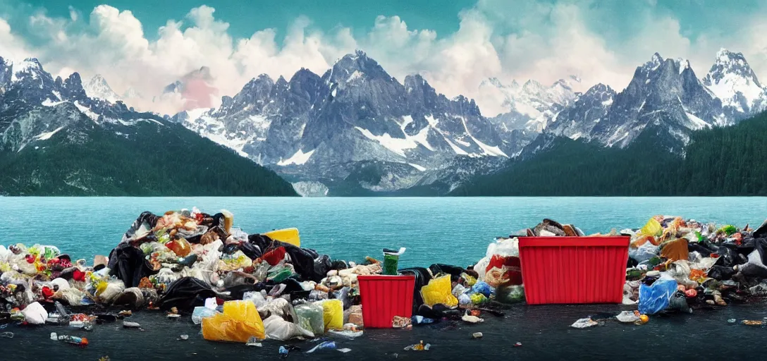 Prompt: a very high resolution image from a new movie. mountains, lake, garbage plastic, fast food, photorealistic, photography, directed bywes anderson