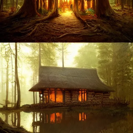 Image similar to a beautifull intricate painting of a log cabin in a dark fantasy forest, reflections, very high details by william turner art, greg rutkowski and alphonse mucha, trending on artstation, very very detailed, masterpiece,