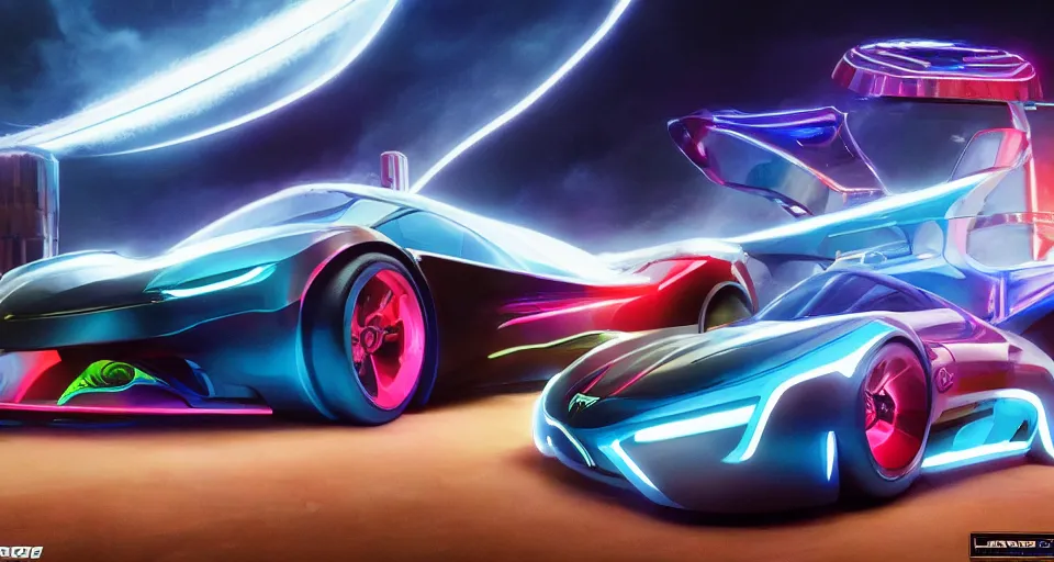 Image similar to dream tron tesla light cycle race, hot wheels, wipe out, hyper realistic, concept art, smooth, high contrast, volumetric lighting, octane, raytrace, syd mead, artgerm, jim lee,