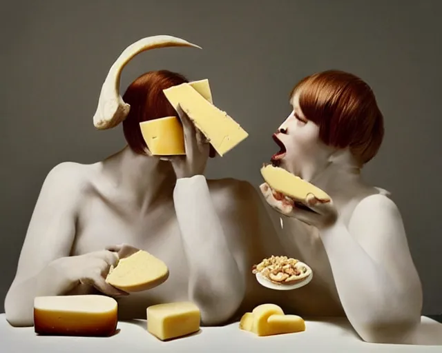 Image similar to incredible strange absurd closeup artwork of androids tasting cheese, finding it very weird but yet oddly tasteful at the same time, weird tasting ritual of cheese products in the style of tim walker fashion photography, also containing some soft cheese