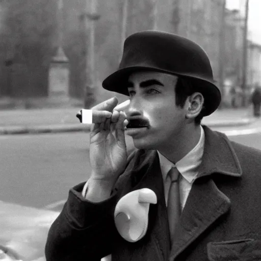 Image similar to Mario in a hat smoking in a french new wave Godard film aesthetic