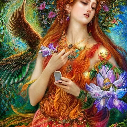 Prompt: goddess of nature checking her phone, magic realism, art by josephine wall, art by huang guangjian, art by viktoria gavrilenko, art by amanda sage, trending on artstation ( ( ( album ) ) ) ( ( ( panels ) ) )